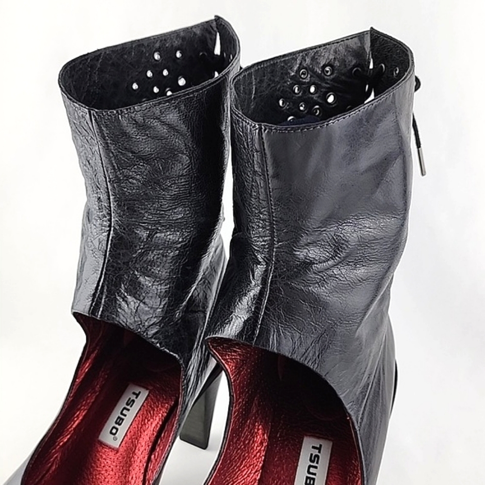 TSUBO Pump  Heels Shoes Black Leather Back Lace Ankle Foldover Tall Cuff Size 8 - Picture 7 of 15